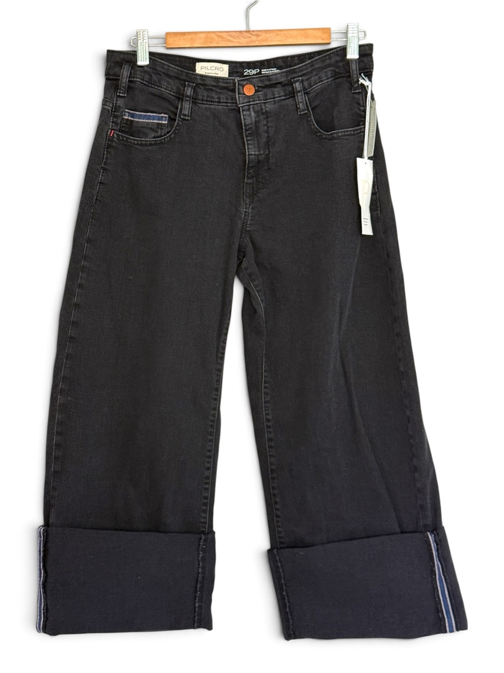 Anthropologie Pilcro black denim wide leg wide cuff jeans size 29 petite NWT